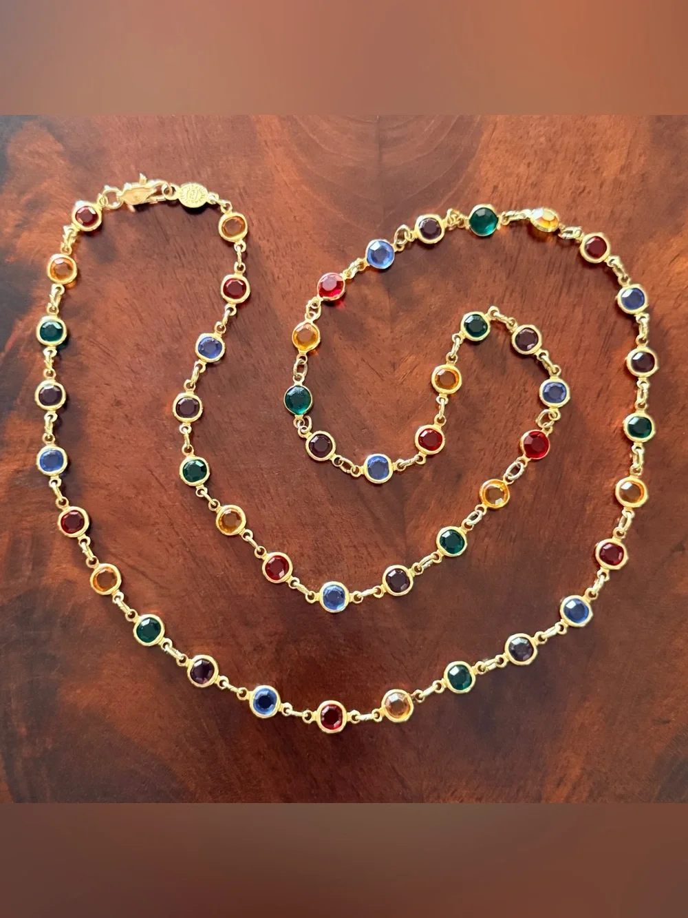 Vintage Austrian Crystal Multicolor Station Necklace; Gold Tone; Made in USA